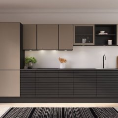 Eg Sort lak. Profil massiv S-line. PerfectSense Stone Grey laminat PM727, Eg sort lak. Profil L11.