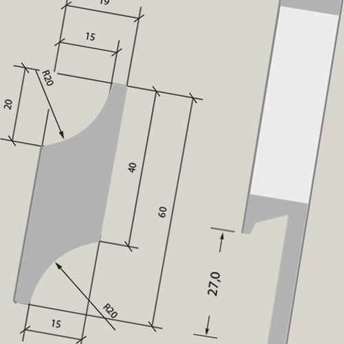 Billeder af forskellige kantfræsninger af fronter, produktmål på greb. information bruges af køkken sælger