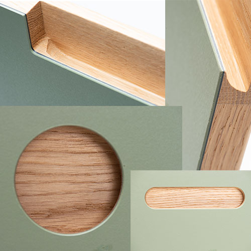 Alle greb laves af en massiv klodsse som overlimes med enten laminat, finer eller linoleum. Efter overlimningen, fræses der ud til formene på grebet. Det betyder at grebet ligger smukt inde at der glatte overgange, og det passer altid sammen. Greb kan sættes i alle fornter som er 22 mm